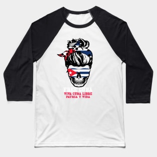 Messy Hair Bun Woman Skull Free Cuba Flag Sos Cuban Vintage Baseball T-Shirt